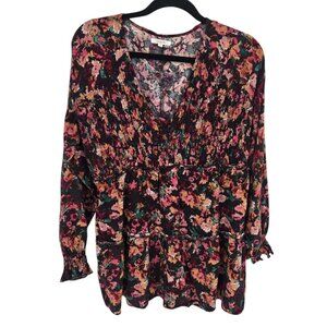 Maurices womens XL floral smocked Tunic boho peasant blouse elastic cuffs rayon
